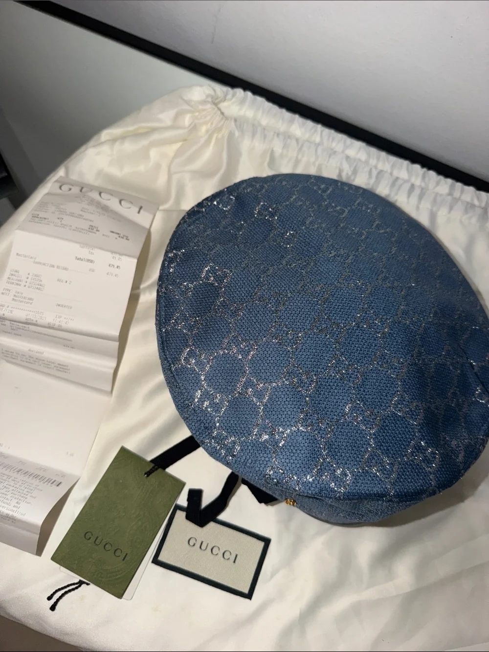 Gucci Light Blue Monogram Beret with Black Bow Trim